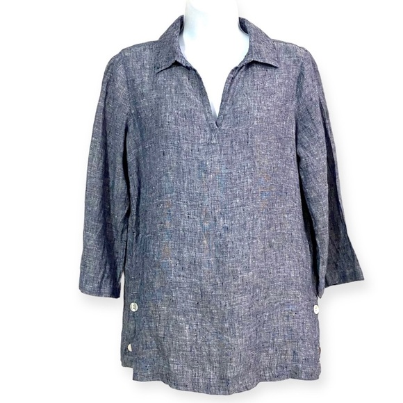 TAHARI Grey Linen Popover Tunic Top Small Lagenlook V-neck Modest Breathable - Picture 1 of 13